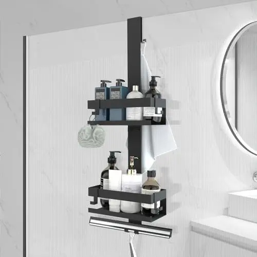 Produktbild: UUlioyer Duschablage zum Hängen, Duschregal aus Edelstahl SUS304 Ohne Bohrer für Rahmenlos Glastür, Shampoo Duschgel Halterung für Dusche, Schwarz (Stil A)