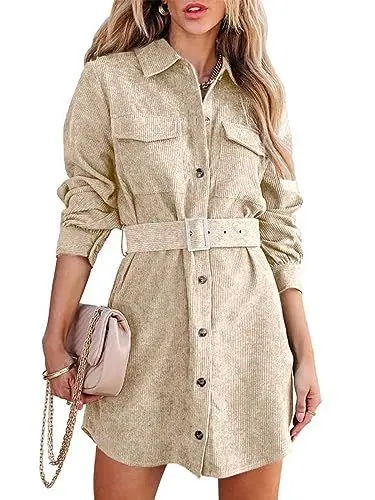 Produktbild: Uusollecy Blusenkleid Damen Corduroy Langarm Hemdkleid mit Gürtel, Minilänge Cordkleid mit Tasche und Knopfleiste Khaki M