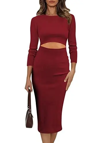 Produktbild: Uusollecy Langarm Kleid Damen Figurbetontes Cut Out Knielang Kleider, Rundhals Einfarbig Midikleider Rot XL