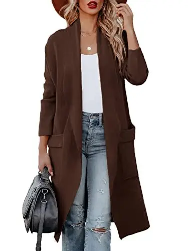 Produktbild: Uusollecy Strickjacke Damen Langarm Drapiert Open Front, Lange Cardigan mit Taschen Braun L