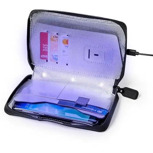 Produktbild: UV Desinfektions Sterilisator für Smartphones Kreditkarten Earpods Schlüssel im Reissverschluss Polyester Etui mit RFID Blocker und 2 Sterilisationsmodi tötet Bakterien ab Format 2 x 18.5 x 4 cm