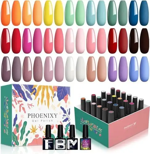 Produktbild: U V Nagellack, Phoenixy 24Pcs 7ml 21 Farben Gel Nagellack Set mit Unterlack und Überlack, Gel Nagel Set Kit Uñas Semipermanentes Esmalte para Manicura