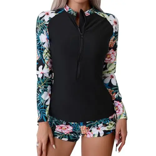 Produktbild: UV Shirt Damen Wasser Langarm Blume Schwimmshirt Bade Tankini Oberteil Shorts Schwimmhose Schwimmanzug Badeanzug mit Bein Frauen UPF 50+ Rashguard Bademode Kurz Strandmode Surfanzug Schwarz Weiß M