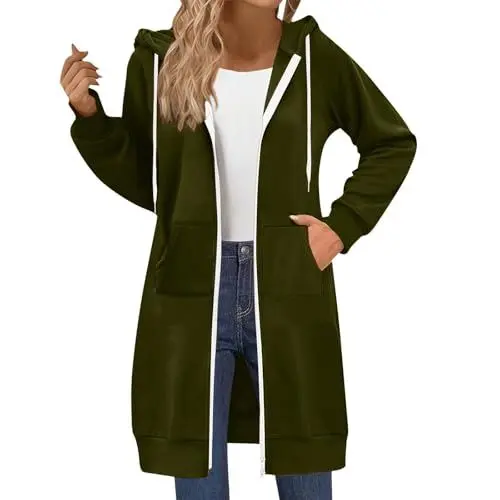 Produktbild: Uwdiohq Damen Lange Kapuzenpullover mit Reißverschluss Hoodie Jacke Autumn Winter Sweatjacke Oversize Fleece Einfarbig Sweatshirt Mit Kapuze Langarm Mantel Warm Cardigan(Schwarzish Grün,S)