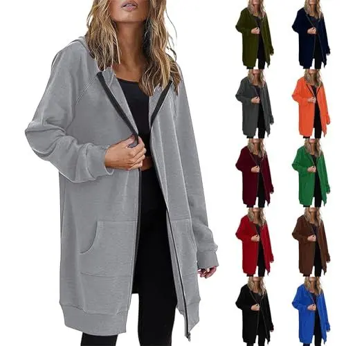 Produktbild: Uwdiohq Damen Lange Kapuzenpullover mit Reißverschluss Hoodie Jacke Autumn Winter Sweatjacke Oversize Fleece Einfarbig Sweatshirt Mit Kapuze Langarm Mantel Warm Cardigan mit Taschen(Grey,M)