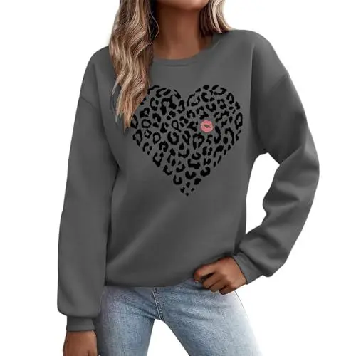 Produktbild: Uwdiohq Damen Sweatshirt Mit Print Rundhalspullover Herzmotiv Und Buchstabenprint Kapuzen (Dark Gray, XXXL) Ohne Kapuze Schwarzes Kinder Schwarz Halloween Fleecejacke Partyoutfits Pullover