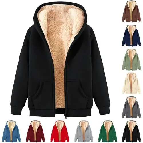 Produktbild: Uwdiohq Fleecejacke Damen Hoodie Kapuzenpullover mit Zipper, Fleecepullover Dick Warm Basic Sweatjacke mit Kapuze, Winterjacke Einfarbig Hooded mit Reißverschluss Sportlicher, (Schwarz,5XL)