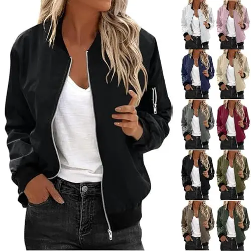Produktbild: Uwdiohq Jacke Damen Bomberjacke Kurze Blouson Baseball Jacke leichte Fliegerjacke Langarm Casual Outwear Zip Up Solid Coat Autumn Pilotenjacke Winter Outwear Übergangsjacke Sweatjacke(Schwarz,XXL)
