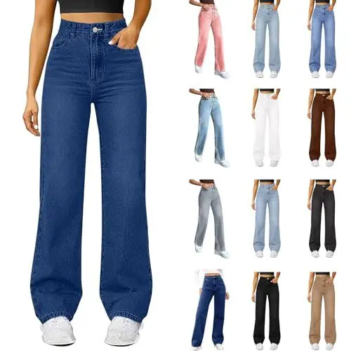 Produktbild: Uwdiohq Jeans Damen Straight Wide Leg Jeanshose Stretch High Waist Baggy Denim Hosen mit 4 Taschen Leichte Frauen Elegant Hose Klamotten Teenager Mädchen Streetwear (Dunkelblau,M)