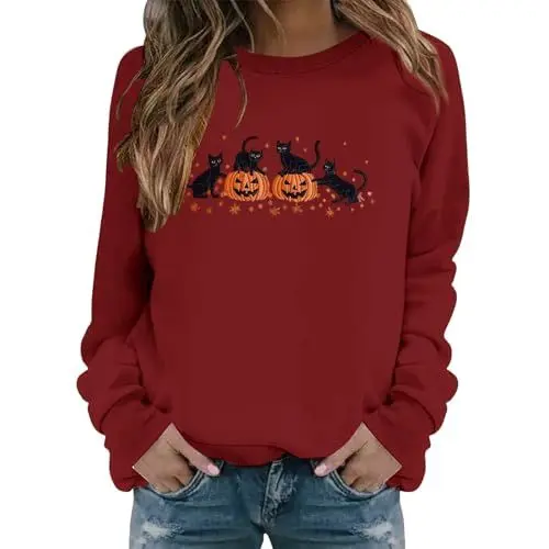 Produktbild: Uwdiohq Lässig Damen Warmes Sweatshirt Langarm O Weich Bedrucktes Hemd Winter Sweatshirts Tops Strickjacke Mit Reißverschluss (Brick Red, M) Weisses Schwarzes Gelb Halloween Lederjacke Klamotten