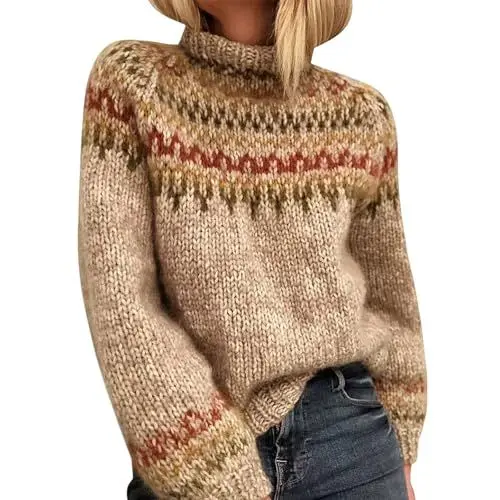 Produktbild: Uwdiohq Pullover Damen Casual Strickpullover mit Isle-Print, Winter Rundhals Lose Pulli, Retro-Stil Lässig Langärmelig Outwear, Warm kurzes Pullover Oberteile(Khaki,M)