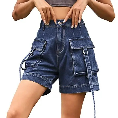 Produktbild: Uwdiohq Sale Angebote Amerikanische Denim Cargohose Für Damen Lockere High Waist Lässige Women'S Shorts Lässige Taschen Shorts Elastische Taille Cargo Kurze Vielseitige Vi Sale Angebote Bestellung