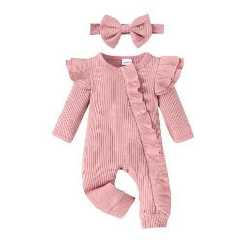 Produktbild: biJerou Baby Body Kurzarm 98 gestreifter Overall mit fliegenden Ärmeln und Reißverschluss, Kopftuch für Babys und Mädchen Body Kinder 98 Langarm (Pink, Newborn)