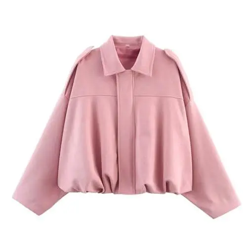 Produktbild: Uwdiohq Wildlederjacke Damen Kurz, Oversized Wildlederimitat Bomberjacke, Frühlingsrevers, Streetwear Winterjacke für Herbst Übergangszeit, Lässig, Lange Ärmel, Kurze Lederjacke(Rosa,S)