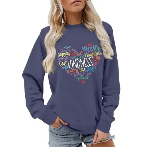 Produktbild: Uwdiohq Women's Fashion Casual Letter Printed Round Neck Long Sleeve Top Sweatshirt Rosa Pulli (Navy, S) Damen Pullover Herbst Blau Bekleidung One Shoulder Oberteil Jacke Sommer Häkelpullover