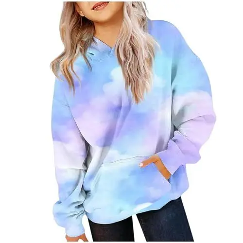 Produktbild: UXSELKCD Strickjacke mädchen Sweatshirt für Mädchen Activewear Süße Baumwollpullover mit Farbverlauf Lässiger für Pullover Langarmshirt Teen Einschulung Kleidung (d-Blue, 7-9 Years)