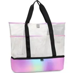 Produktbild: UYLIA 8 Taschen Tote Mesh Strandtasche Damen Groß Faltbare mit Wasserdichter Kühltasche für Spielzeugaufbewahrung Strand Reise Picknick, Shopper Handtasche Badetasche Umhängetasche (Regenbogen)