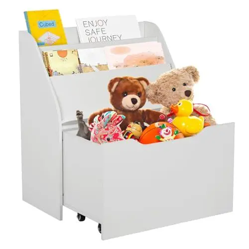 Produktbild: uyoyous Bücherregal Kinder Spielzeugregal Kinderregal mit Aufbewahrungsbox, 3 Fächern Bücherregal für Kinder Spielzeugkiste mit Rollen, Aufbewahrungsregal Spielzeug-Organizer Kinderzimmerregal Weiß
