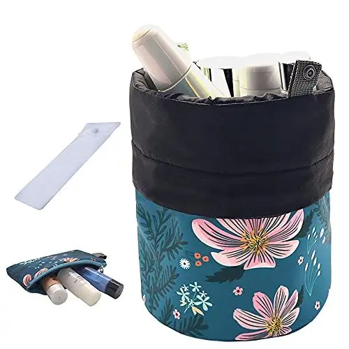 Produktbild: UYRIE Tragbare Make-up Kulturbeutel Kosmetische Reiseveranstalter Tasche, Große Kordelzug Hängen Verpackungsbeutel für Frauen Mädchen Männer, Tonnenförmige Aufbewahrungstasche (rosa blume)