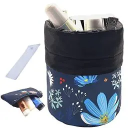 Produktbild: UYRIE Tragbare Reise Kulturbeutel Kosmetische veranstalter Tasche, Große Kordelzug Hängen Waschbeutel für Frauen Mädchen, Tonnenförmige Aufbewahrungstasche (Blaue Blume)