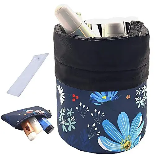 Produktbild: UYRIE Tragbare Reise Kulturbeutel Kosmetische veranstalter Tasche, Große Kordelzug Hängen Waschbeutel für Frauen Mädchen, Tonnenförmige Aufbewahrungstasche (Blaue Blume)