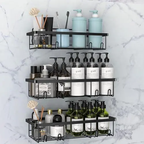Produktbild: UZIMOO Duschablage ohne Bohren, 3 Stück Duschregal Duschablage Schwarz, Badezimmer Regal Organizer, Shampoo Halterung für Dusche, Duschkorb Duschhalterung Bad Zubehör