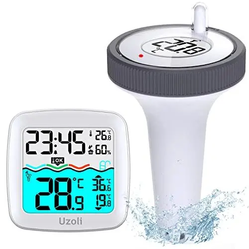 Produktbild: Uzoli Poolthermometer schwimmend funk mit Poolsensor Wassertemperatur Innentemperatur LCD-Display Komfortstufe Uhrzeit Wecker IPX7 Thermometer für Pool Schwimmbad Teich - EM3385