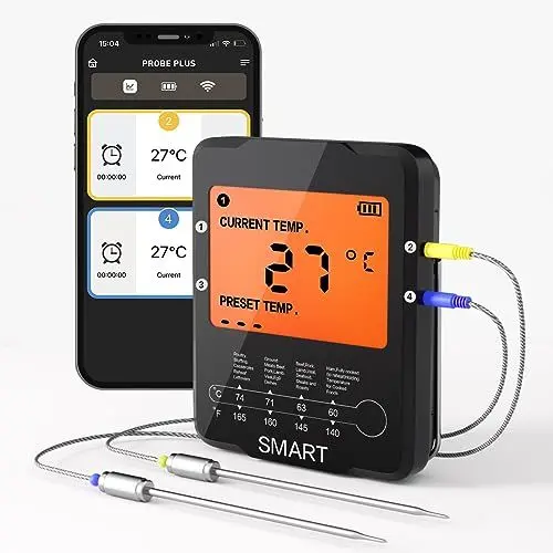 Produktbild: Uzone Fleisch Thermometer, Digital Wireless Bluetooth Thermometer, Küche Lebensmittel BBQ Thermometer Temp Instant Lesen, Braten Ofen Raucher Thermometer mit 100M Bereich APP Steuerung, 2 Sonden