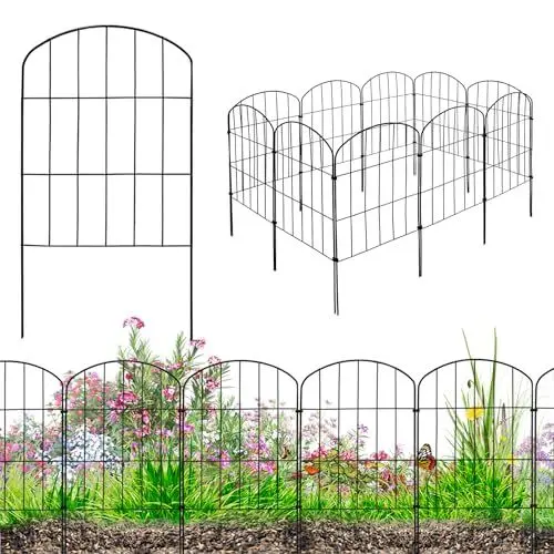 Produktbild: Zaun Gartenzaun Steckzaun Hundezaun Teichzaun für Garten Teich 10 Zaunelemente 43 cm hoch Metall Gitterzaun Oberbogen Schwarz V2Aox