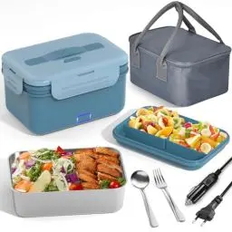 Produktbild: Vabaso 100W Elektrische Lunchbox Erwachsene, Thermo Lunchbox mit Besteck und Isolierter Lunchbeutel, 12 24 230V, Auslaufsicherer, 1.8 L Großbehälter, Brotdose mit Fächern für Auto, LKW, Zuhause, Blau