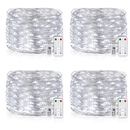 Produktbild: Vacoulery Wasserdicht Draht Lichterkette, 4 x 10M 100 LED USB Weihnachten Außenlichterkette Micro Lichterkette Außen und Innen mit Fernbedienung 8 Programm und Timer für Schlafzimmer, Party, Hochzeit