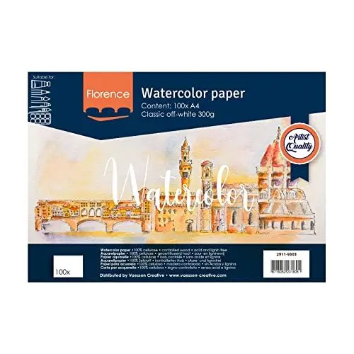 Produktbild: Vaessen Creative 2911-9303 Florence Glattes Aquarellpapier, Off White, 300 Gramm/m², 100 Stück, DIN A4, für Aquarellmalerei, Handlettering, Brush Lettering und andere Papierbasteleien, Papier