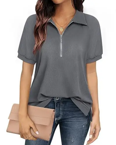 Produktbild: Vafoly Blusen Tuniken für Damen Kurzarm Sommer Oberteile Business Tunika Shirt Lässig Blusen mit Reißverschluss V-Ausschnitt Unifarbene Morandi Grau XXL