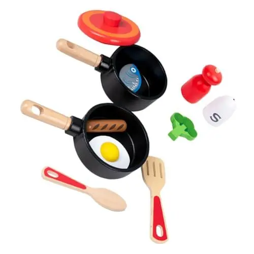 Produktbild: Vaguelly 1 Satz Holzspielzeug Set Küchenzubehör für Realistische Spielzeugküche mit Töpfen Kochutensilien und Geschirr Rollenspielzeug für Kreatives Kochen und Backen