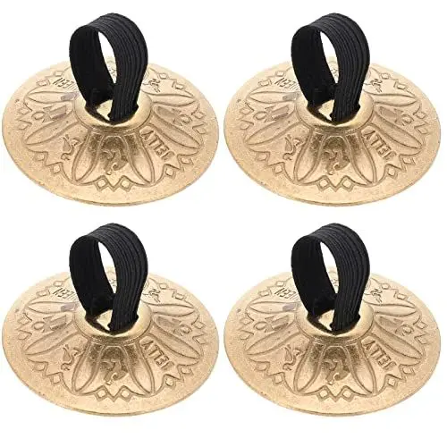 Produktbild: Vaguelly 4 Stücke Fingerzimbeln, Kupfer Mini Handbecken Bauchtanz Finger Cymbal mit elastischen, graviertem Lotus, Finger Becken Orff Musik Instrument für Kinder, Erwachsene