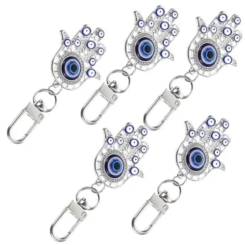 Produktbild: Vaguelly 5 Stück Böser Blick Hamsa Schlüsselanhänger Blaues Auge Hand Schlüsselanhänger Türkische Hand Schlüsselanhänger Anhänger Harz Glücksamulett Palmenanhänger Handschutz