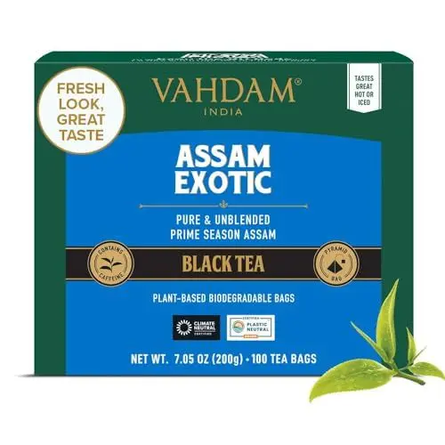 Produktbild: VAHDAM, Assam Schwarz Tee (100 Teebeutel) Lange Blatt Assam Teebeutel | Reichhaltig und Malzig Frühstücksteebeutel | Brau Heiß, Eis oder Kombucha Tee