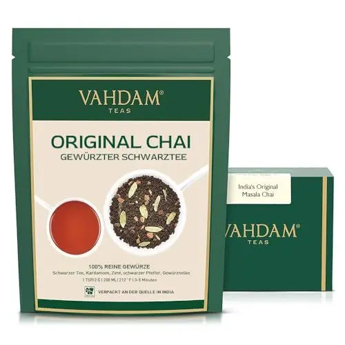 Produktbild: VAHDAM, Original Chai Spiced Black Tea (340g) Mischung Aus Schwarzer Tee, Zimt, Kardamom, Nelken Und Schwarzem Pfeffer | Gewürzter Chai Tee | Brühen Chai Latte
