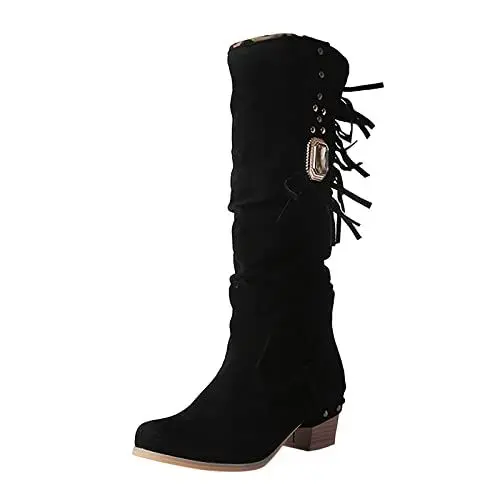 Produktbild: Dicke Stiefel Damen Absatzfarbe Mode Stiefel Strass Solide Damenstiefel mit Fransen Goth Boots Stiefel Damen Sneaker Damen Weiß (Black, 39)