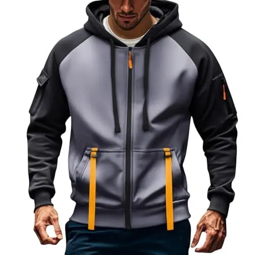 Produktbild: VaiKanhai Strickjacke Herren Sweatshirt mit Kapuze,Retro Farbblockierung Reißverschluss einfarbig für Sport und Freizeit Pulli Jacke College Jacke Oversize Freizeitjacke