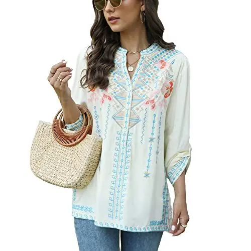 Produktbild: Vakakado Bohemian Hemd für Frauen, Besticktes Hemd, Lässige schicke Bluse, Boho Blusen für Frauen mit Blumenmuster (M, 127-Aprikose)