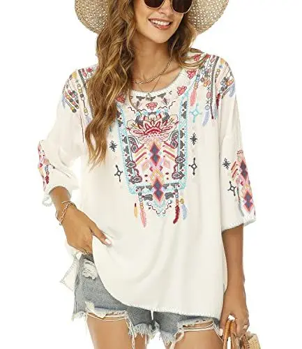 Produktbild: Vakakado Boho Stickerei Bluse Hippie Kleidung Damen 70er 80er Jahre Bekleidung Bohemian Folklore Besticktes Tunika 3/4Ärmel elegant Oberteile, Weiß-L