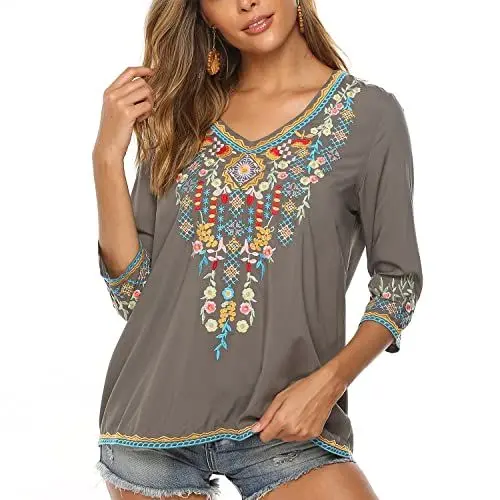 Produktbild: Vakakado Hippie Kleidung Damen Bohemian Folklore Stickerei Bluse 3/4 äRmel V Ausschnitt Tunika Sommer LäSsige Oberteil(054,Grau,M)