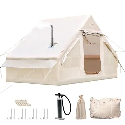 Produktbild: Vakiorn 2-4 Personen aufblasbares Zelt, 4 Jahreszeiten aufblasbares Familien-Campingzelt, wasserdichtes aufblasbares Zelt, winddichtes Oxford-Zelt, 3 * 2m mit Schornstein