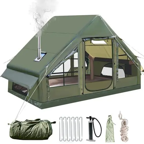 Produktbild: Vakiorn 3 * 2 * 2.1M Aufblasbares Campingzelt mit Kaminöffnung & Dachfenster für 2-4 Personen, 4-Jahreszeiten-Zelt aus wasserdichtem Oxford-Gewebe mit Luftpumpe, Mesh Fenster & Türen