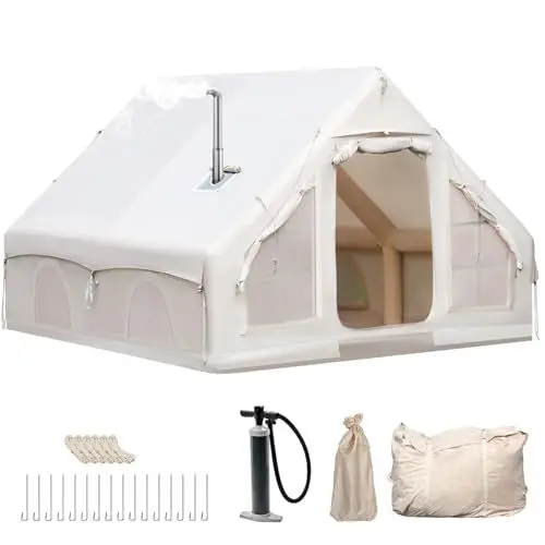 Produktbild: Aufblasbares Campingzelt für 2-8 Personen - 4-Jahreszeiten-Zelt aus wasserdichtem Oxford-Gewebe mit Luftpumpe, schnell aufbaubarer Unterschlupf (Mit Kaminöffnung, 4-8 Pers/400cm x 300cm x 200cm)