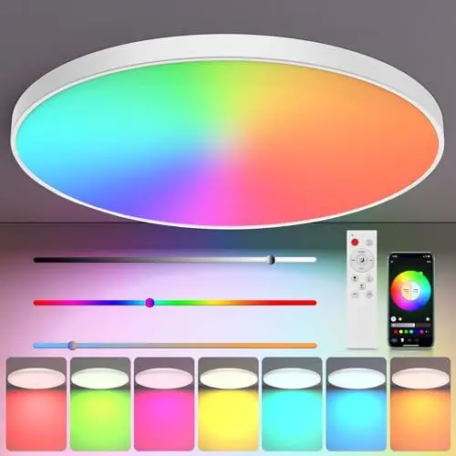 Produktbild: Vakoo VAKOO Smart LED Deckenlampe Dimmbar, 30W RGB Farbwechsel mit Fernbedienung, 2000LM Rund Flach Lamp für Schlafzimmer Küche Wohnzimmer Korridor Balkon Badezimmer Esszimmer
