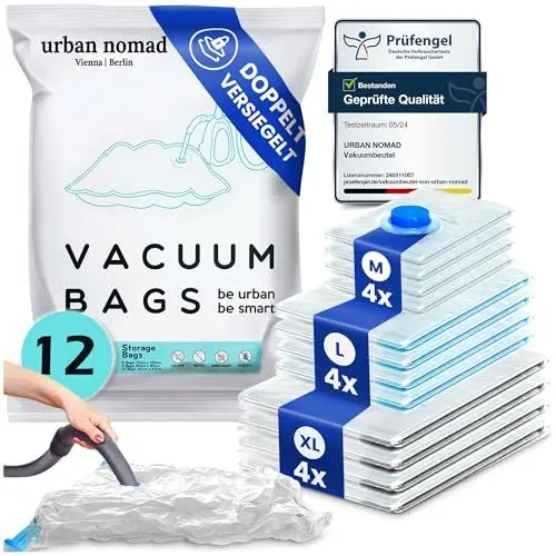 Produktbild: Vakuumbeutel Kleidung 12er Set 3 Größen - Vakuum Beutel für Staubsauger Wiederverwendbar 100% Dicht & Robust | Reise Kompressionsbeutel Kleiderbeutel Aufbewahrungsbeutel Vakuumtüten Kleidersack XL