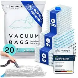 Produktbild: Vakuumbeutel Kleidung 20er Set 3 Größen - Vakuum Beutel für Staubsauger Wiederverwendbar 100% Dicht & Robust | Reise Kompressionsbeutel Kleiderbeutel Aufbewahrungsbeutel Vakuumtüten Kleidersack XL