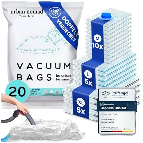 Produktbild: Vakuumbeutel Kleidung 20er Set 3 Größen - Vakuum Beutel für Staubsauger Wiederverwendbar 100% Dicht & Robust | Reise Kompressionsbeutel Kleiderbeutel Aufbewahrungsbeutel Vakuumtüten Kleidersack XL